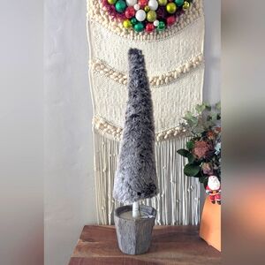 Faux fux Gray Christmas tree wood base 28 in tall gray brown fuzzy nwt